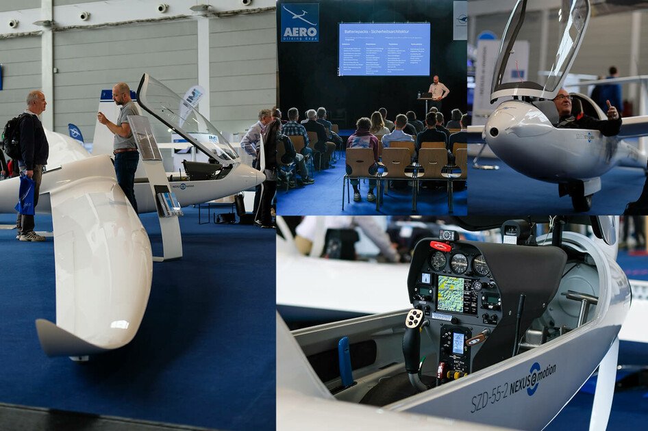 Collage mit Seitenansicht und Cockpit-Detail eines Segelflugzeugs, AERO 2024 Messe.